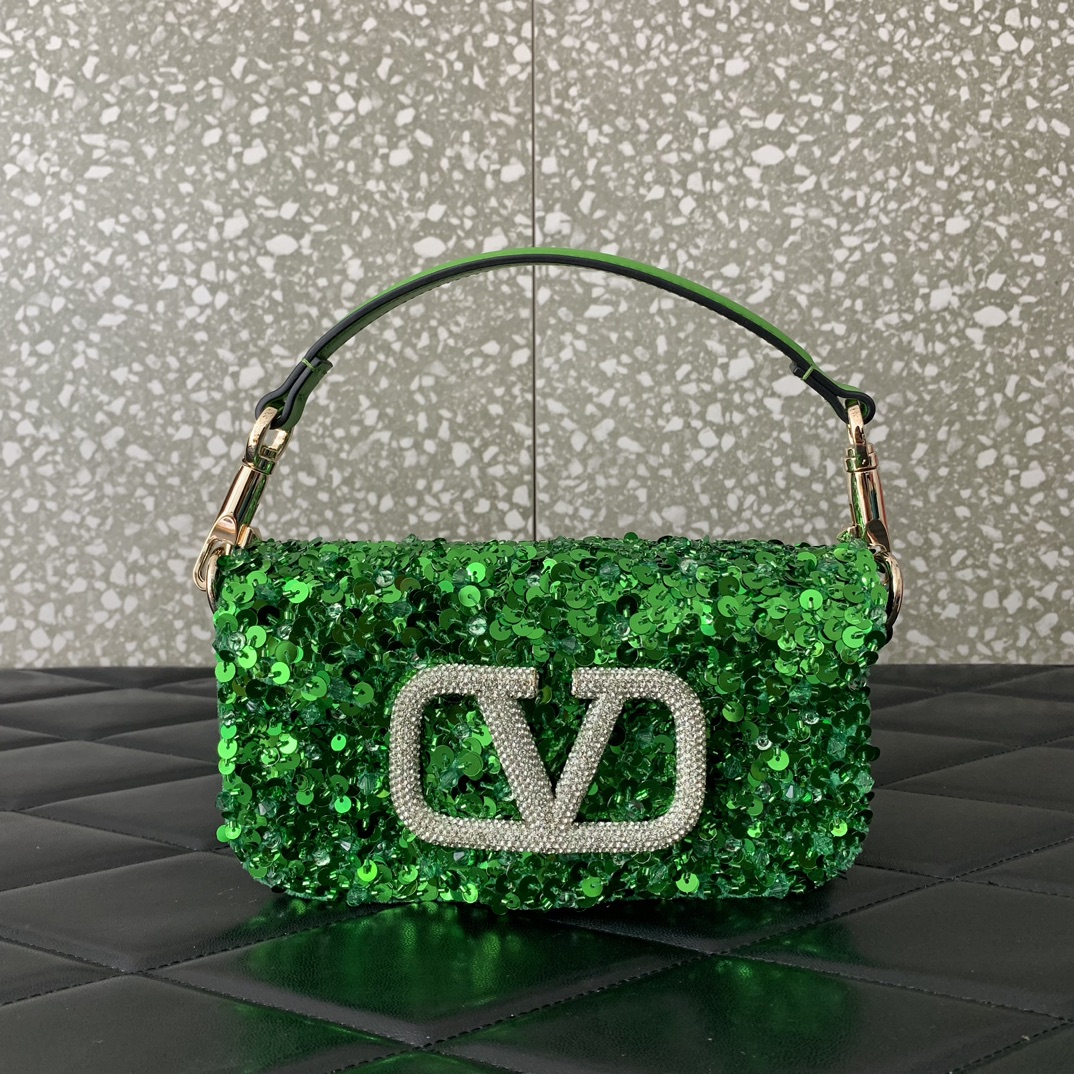 Valentino Garavani Loco Small Embroidered Shoulder Bag with Green Beaded Fringes